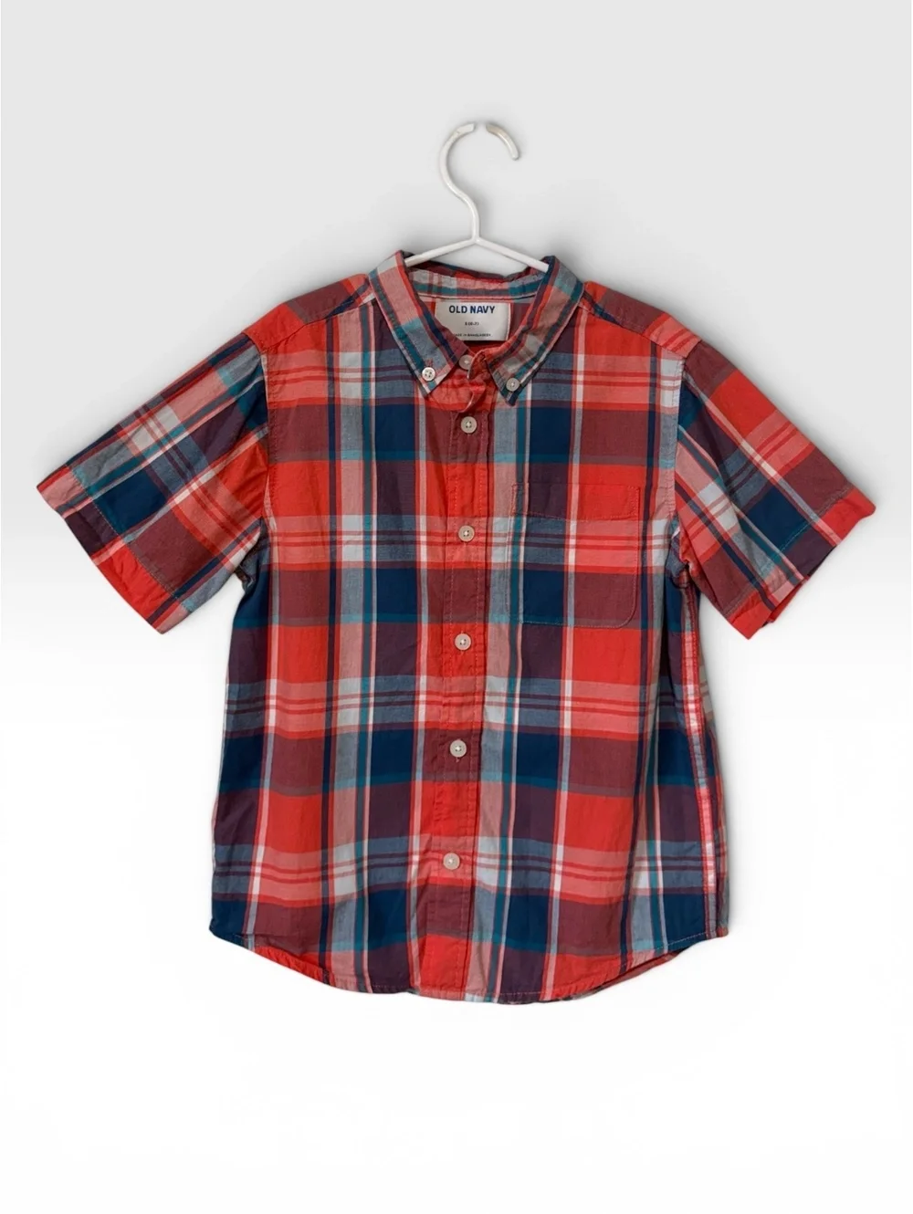 Old Navy Boy Short Sleeve Fall Preppy School  Button-Up Plaid Shirt Size S (6-7)